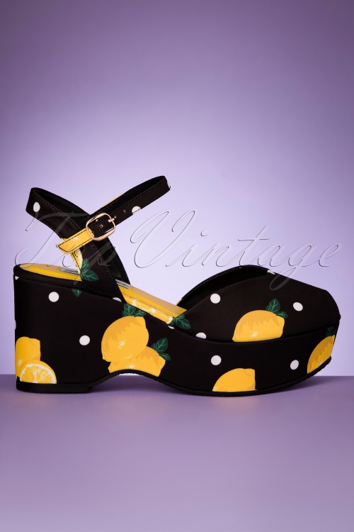 Lulu Hun - 60s Kelly Polkadot Lemon Wedge Sandals in Black 2