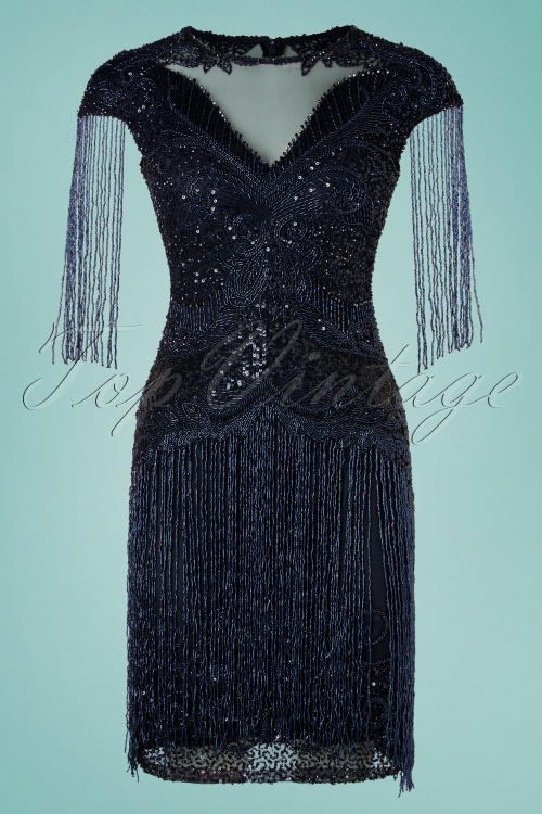 GatsbyLady - Sybill fringe flapper jurk in marineblauw