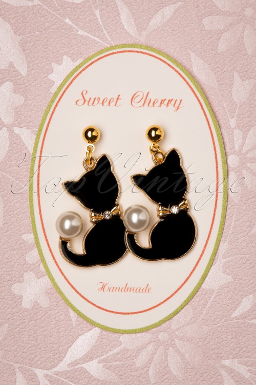 Sweet Cherry - Pearl Cat Drop Earrings Années 50 en Doré
