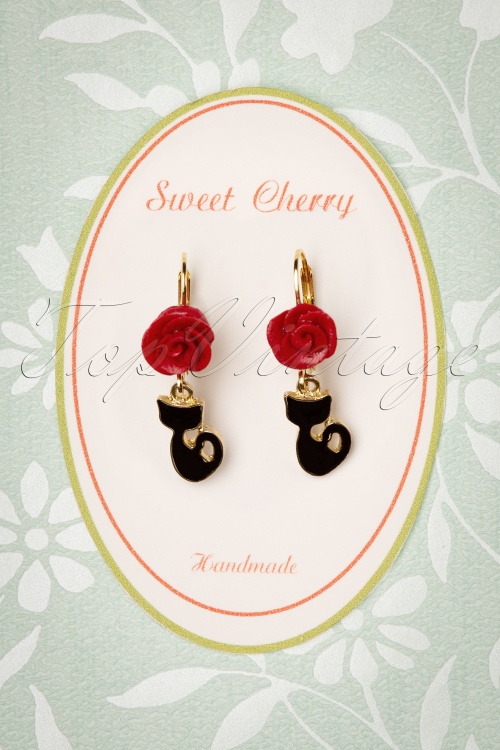 Sweet Cherry - Black Cat and Rose Earrings Années 50 en Doré