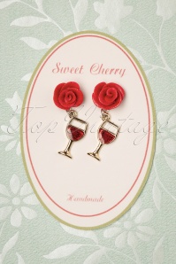 Sweet Cherry - 50s Rose Wine Glass Earrings in Red and Gold