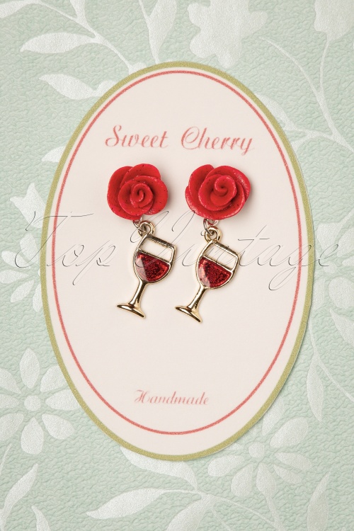 Sweet Cherry - 50s Rose Wine Glass Earrings in Red and Gold