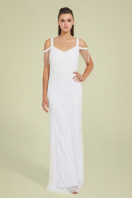 GatsbyLady - 20s Chloe Sequin Maxi Dress in White 2