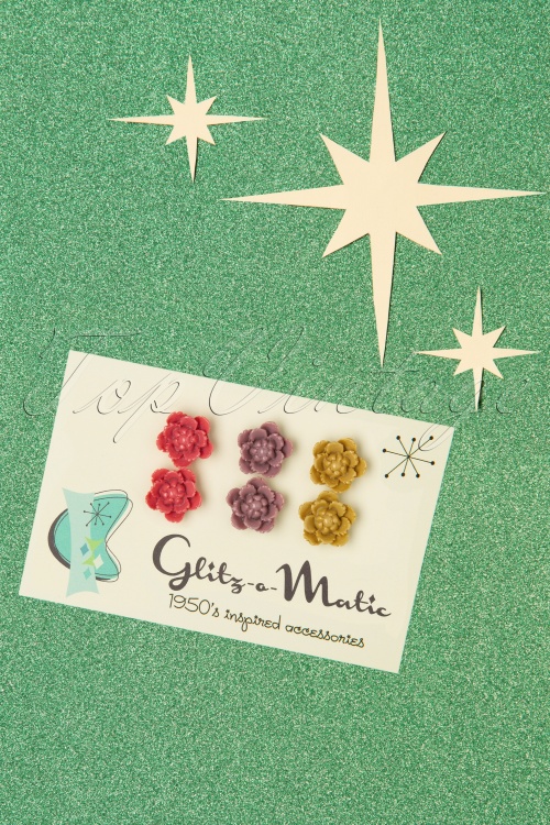 Glitz-o-Matic - Flower Stud Earring Set Années 50 en Rose, Violet et Jaune Moutarde