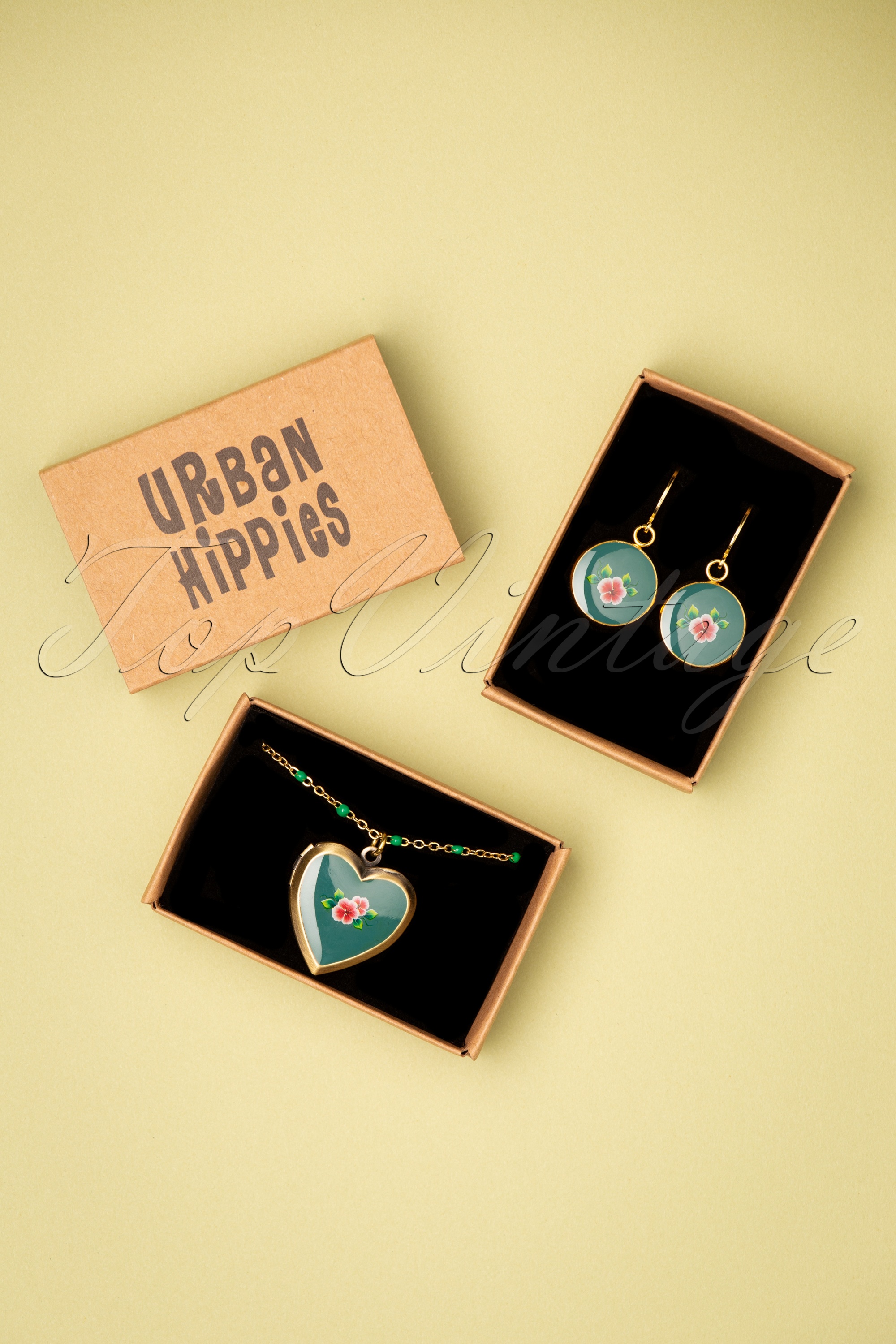 Urban Hippies - Medaillon flower love ketting in goud en teal 4