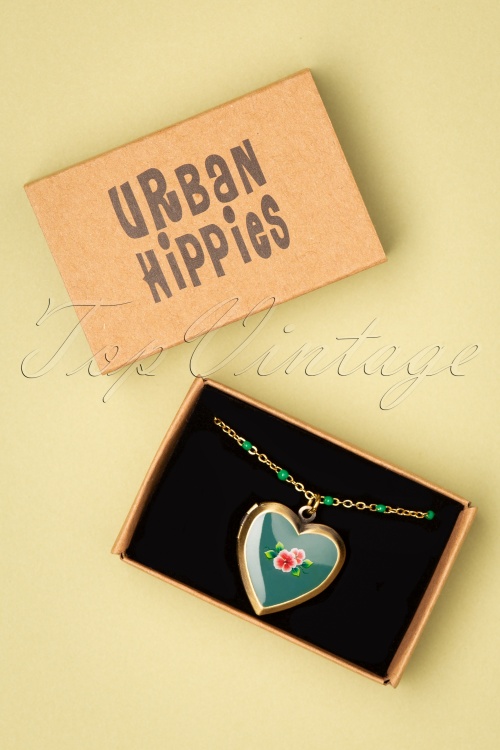 Urban Hippies - Medaillon Flower Love Halskette in Gold und Teal 2