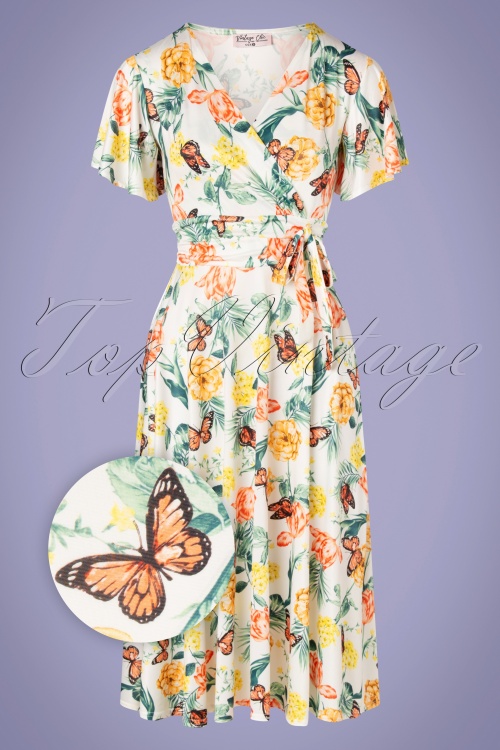 Vintage Chic for Topvintage - Irene Floral Butterfly Cross Over Swing Dress Années 40 en Ivoire 2