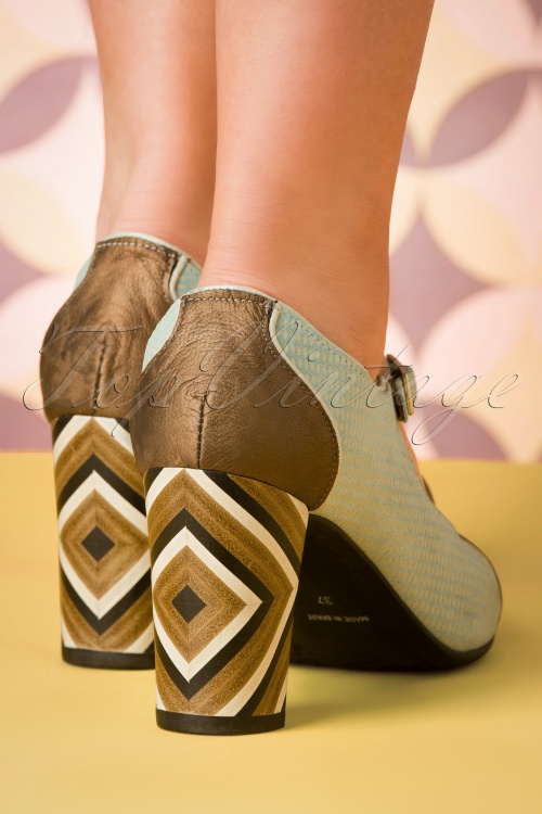 Nemonic - 60s Saten Leather T-Strap Pumps in Turquoise 5