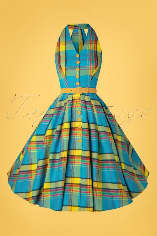 Miss Candyfloss - 50s Basillia Sun Summer Swing Dress in Blue and Yellow 4