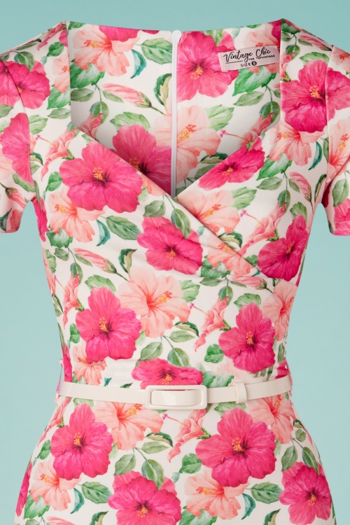 Vintage Chic for Topvintage - Femmy floral pencil jurk in ivoor en roze 2