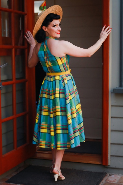 Miss Candyfloss - 50s Basillia Sun Summer Swing Dress in Blue and Yellow 5