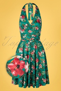 Vintage Chic for Topvintage - Yolanda Hibiscus Floral Halter Swing Dress Années 50 en Bleu Canard