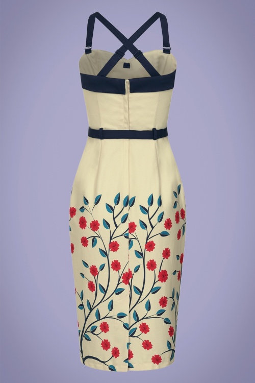 Collectif Clothing - Kiana Danube Floral Pencil Dress Années 50 en Crème 5