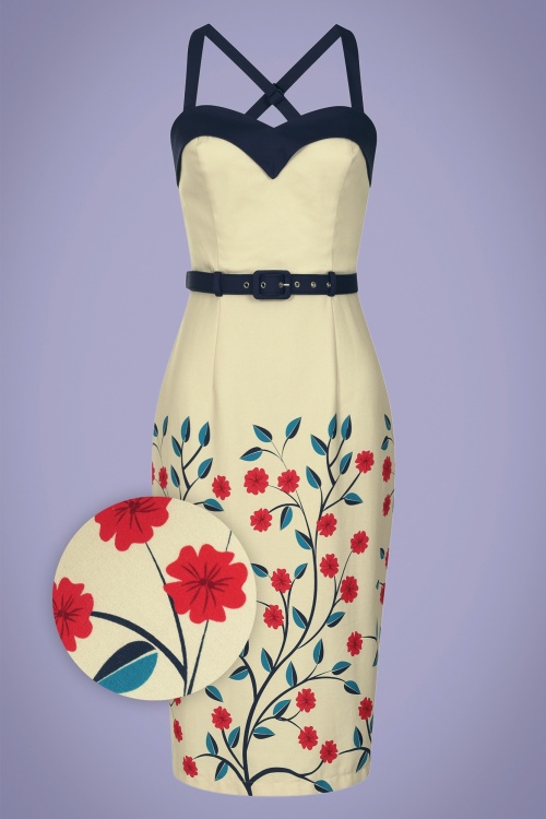 Collectif Clothing - Kiana Danube Floral Pencil Dress Années 50 en Crème