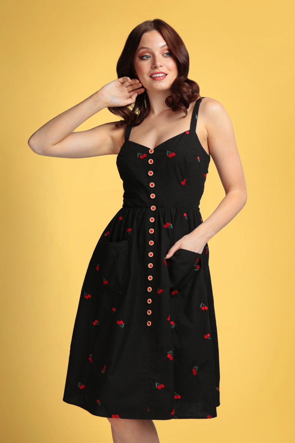 50s Kimberly Mini Cherries Swing Dress in Black