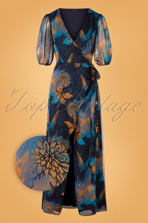 Katakomb - Winona Floral Maxi Wrap Dress Années 70 en Bleu Foncé
