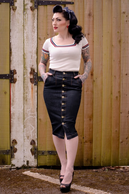 Rumble59 - 50s Second Skin Jeans Pencil Skirt in Denim Blue 2