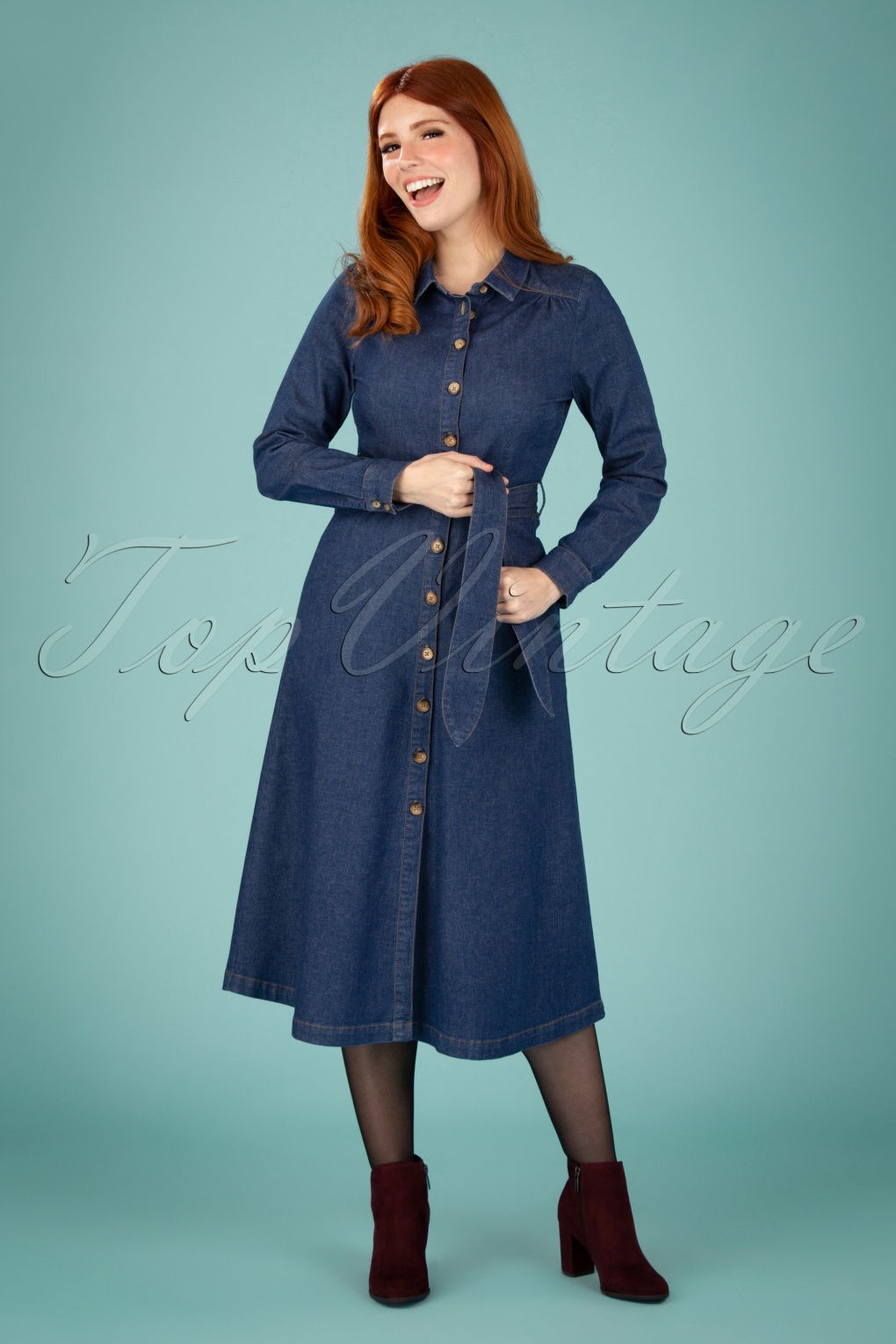 60s Olive Long Sleeve Chambray Dress in Denim Blue