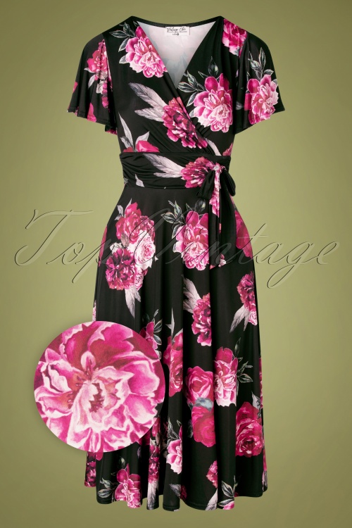 Vintage Chic for Topvintage - Irene Roses Cross Over Swing Dress Années 40 en Noir