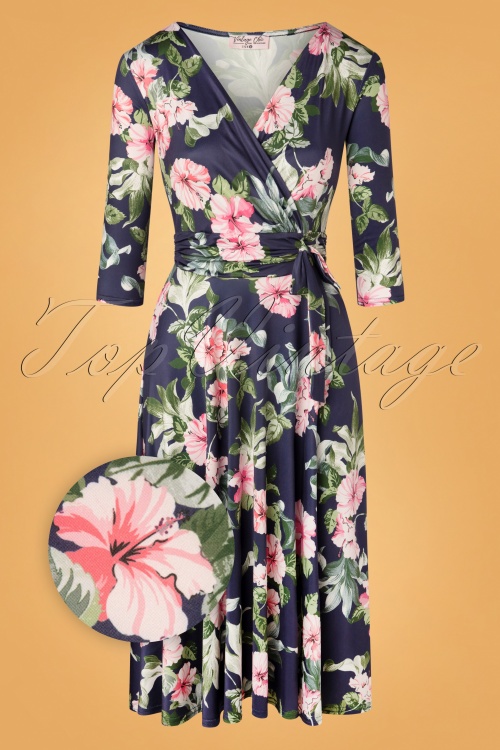Vintage Chic for Topvintage - Phileine gekruiste swing jurk met bloemenprint in marineblauw 2