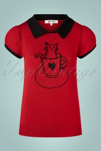 60s Tara Cat Shirt in Red and Black