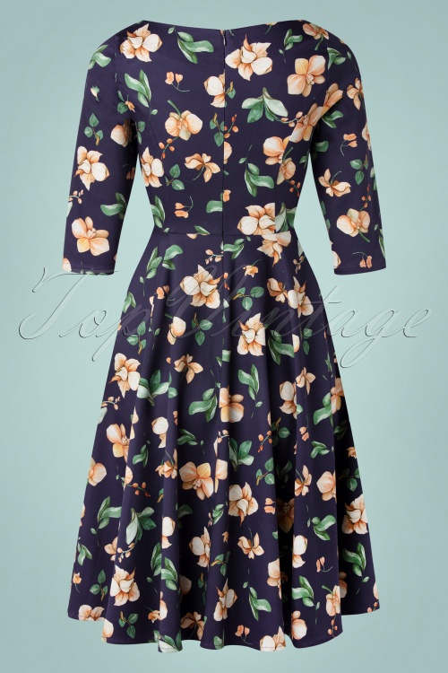 Hearts & Roses - 50s Hailee Floral Swing Dress in Navy 4