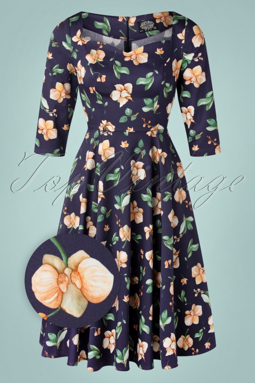 Hearts & Roses - 50s Hailee Floral Swing Dress in Navy