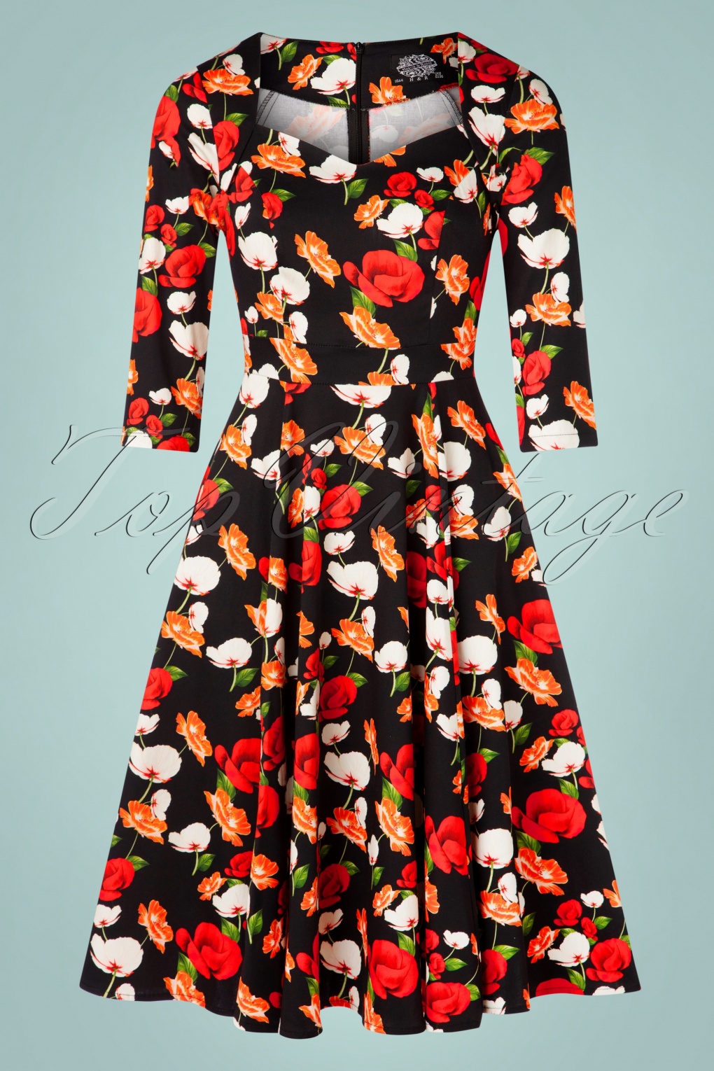 50s Gwenly Floral Swing Dress in Black