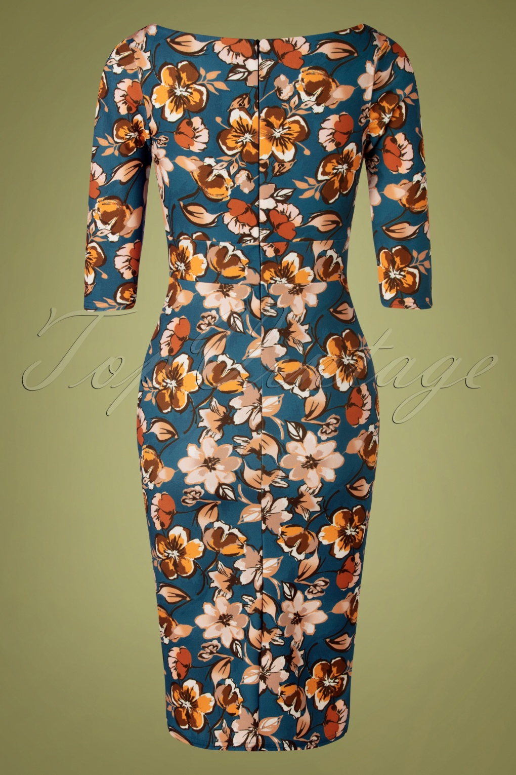 50s Vicky Floral Pencil Dress In Teal Blue