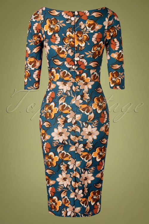 Vintage Chic for Topvintage - 50s Vicky Floral Pencil Dress in Teal Blue 4