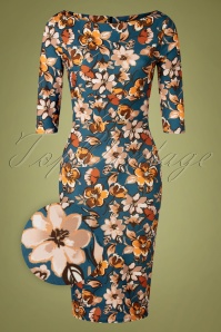 Vintage Chic for Topvintage - 50s Vicky Floral Pencil Dress in Teal Blue