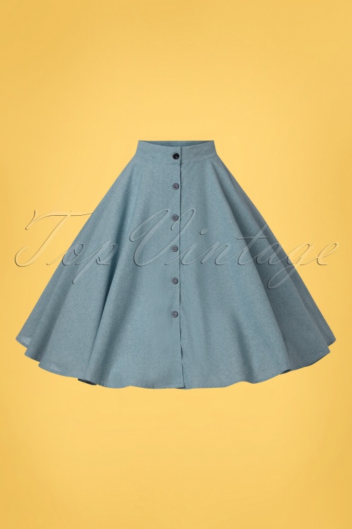 Rock N Romance - 50s The Beverly Button Swing Skirt in Chambray Blue 2
