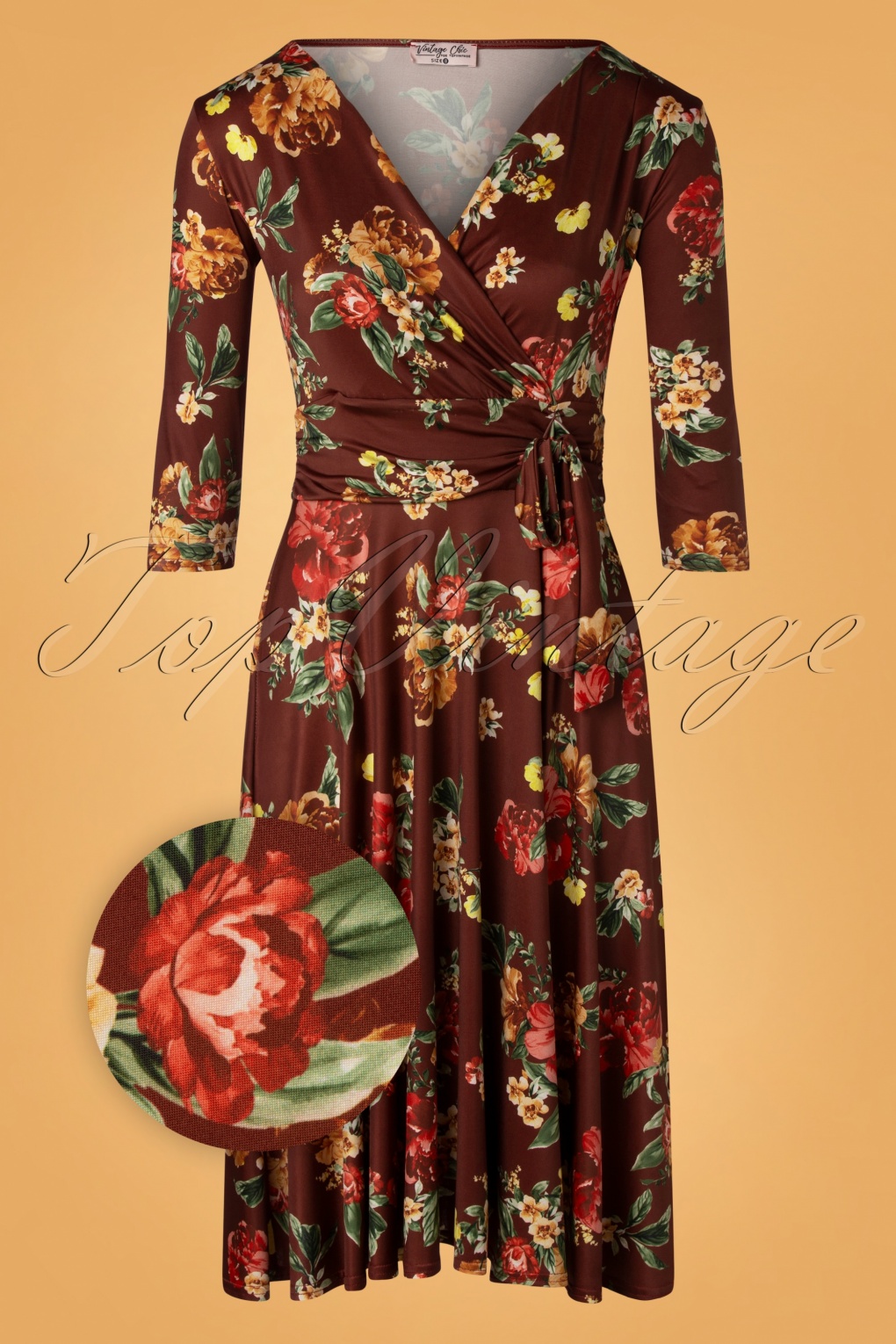 50s Caryl Floral Swing Dress in Red Brown
