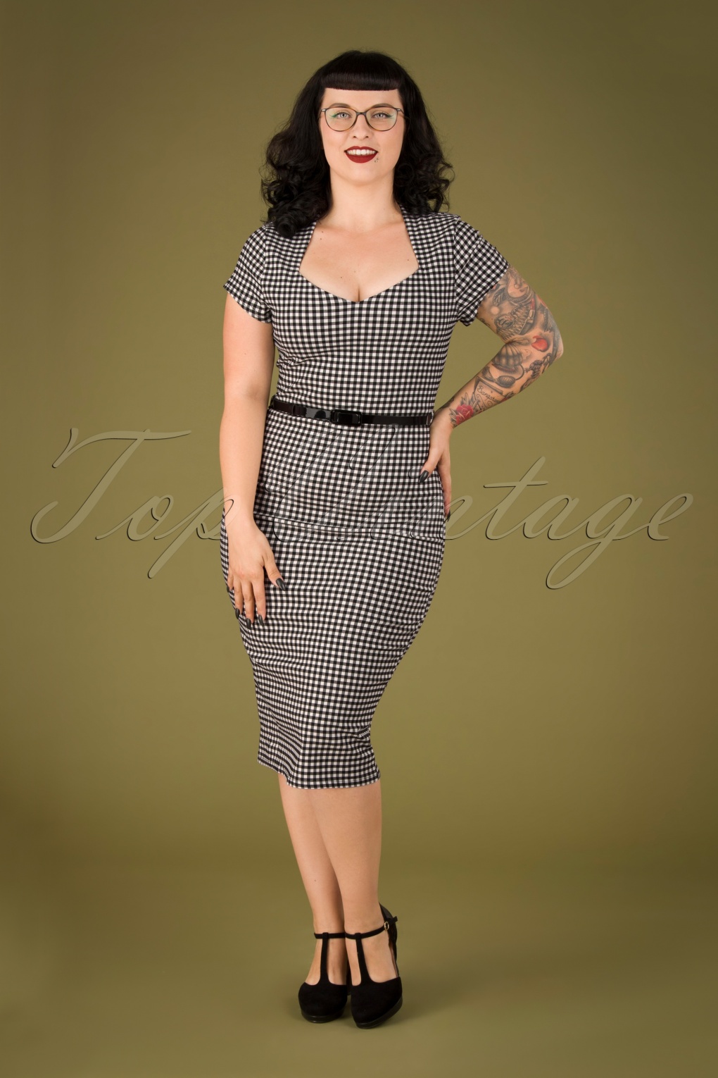 50s Ginny Gingham Pencil Dress in Black and White