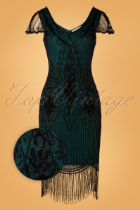 GatsbyLady - Annette Fringe flapper jurk in blauwgroen groen