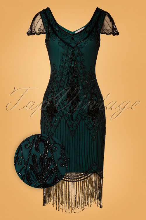 GatsbyLady - Annette Fringe flapper jurk in blauwgroen groen