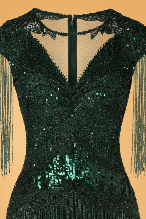 GatsbyLady - Sybill Fringe flapper jurk in donkergroen 3