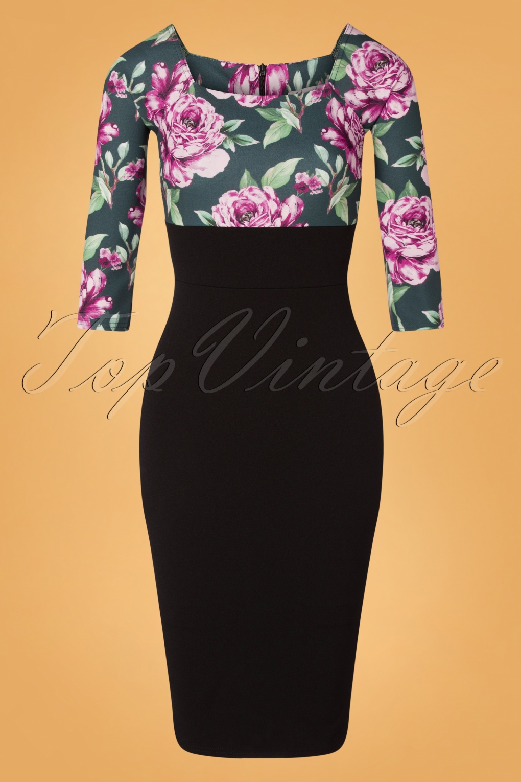 50s Marina Floral Pencil Dress in Black and Green