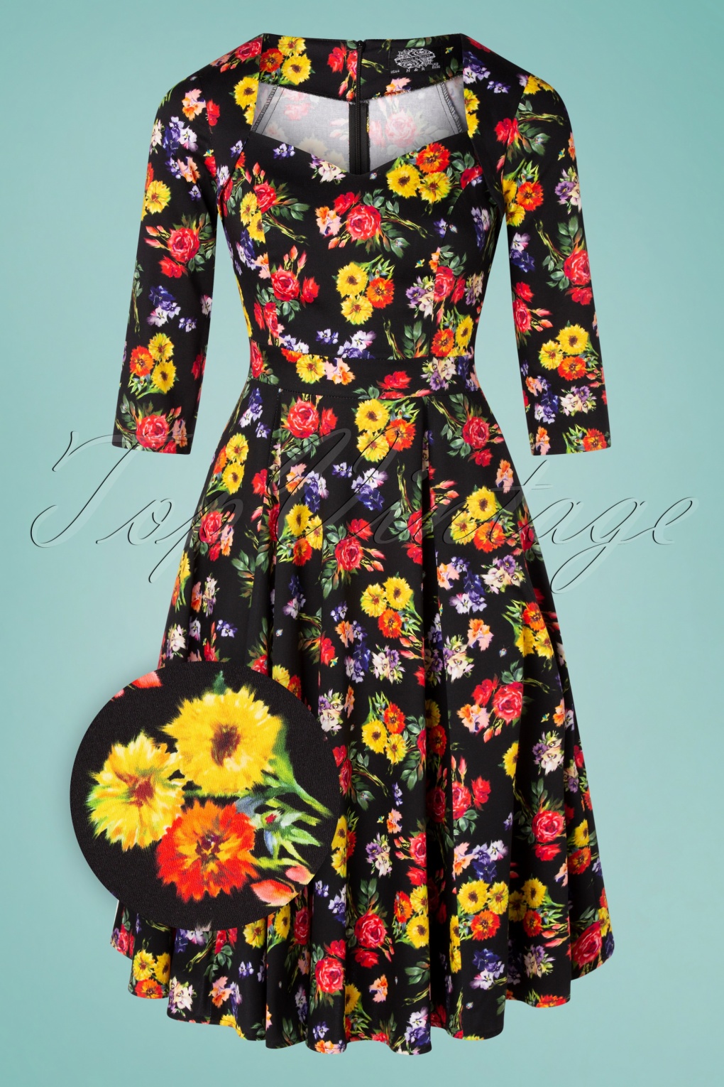 50s Gwenly Bouquet Swing Dress in Black