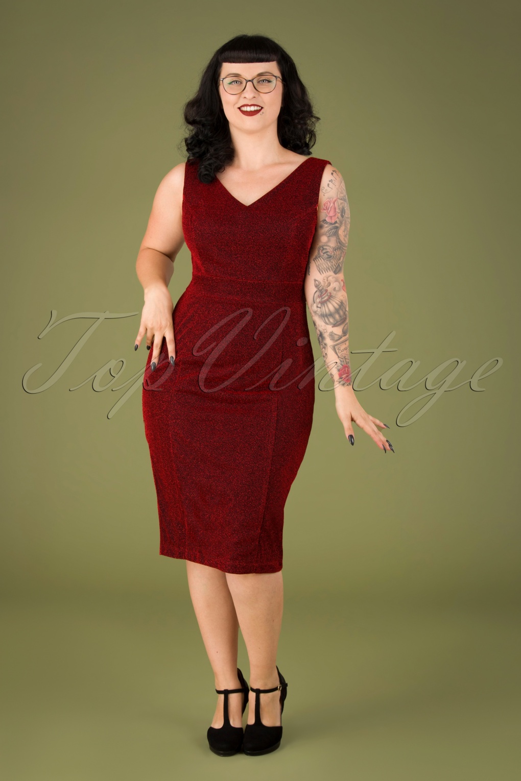 50s Sarah Pencil Dress in Sparkly Red