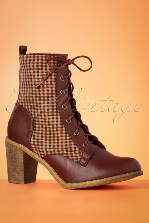 Banned Retro - 60s Shake Your Bootie Gingham Ankle Booties in Wine and Brown 2