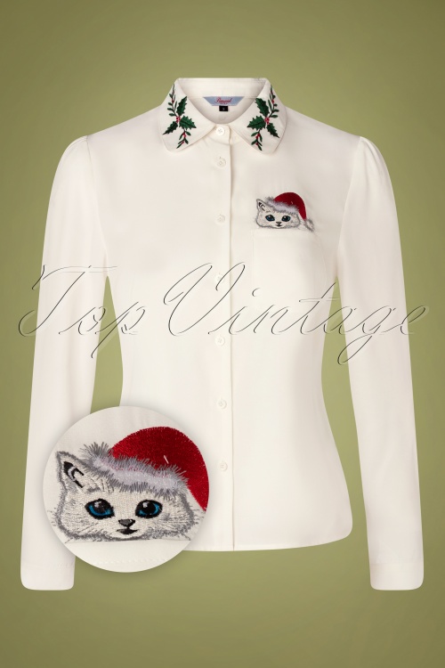 Banned Retro - Pocket Cat Bluse in Weiß