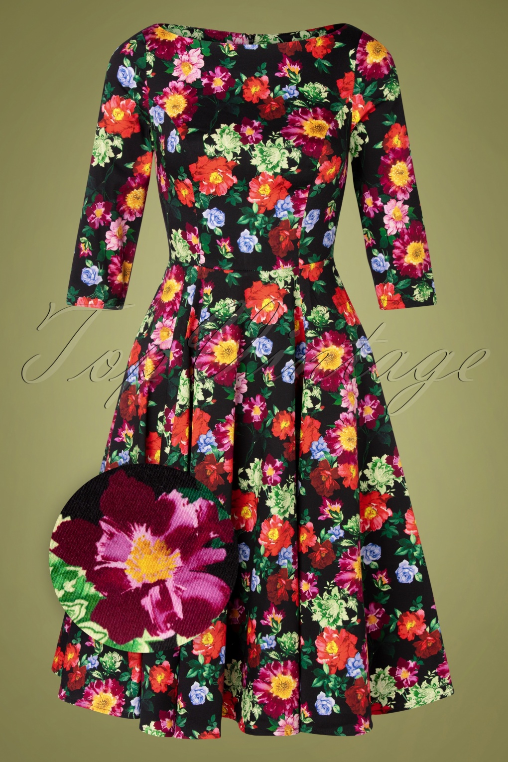 50s Jessica Floral Swing Dress in Black