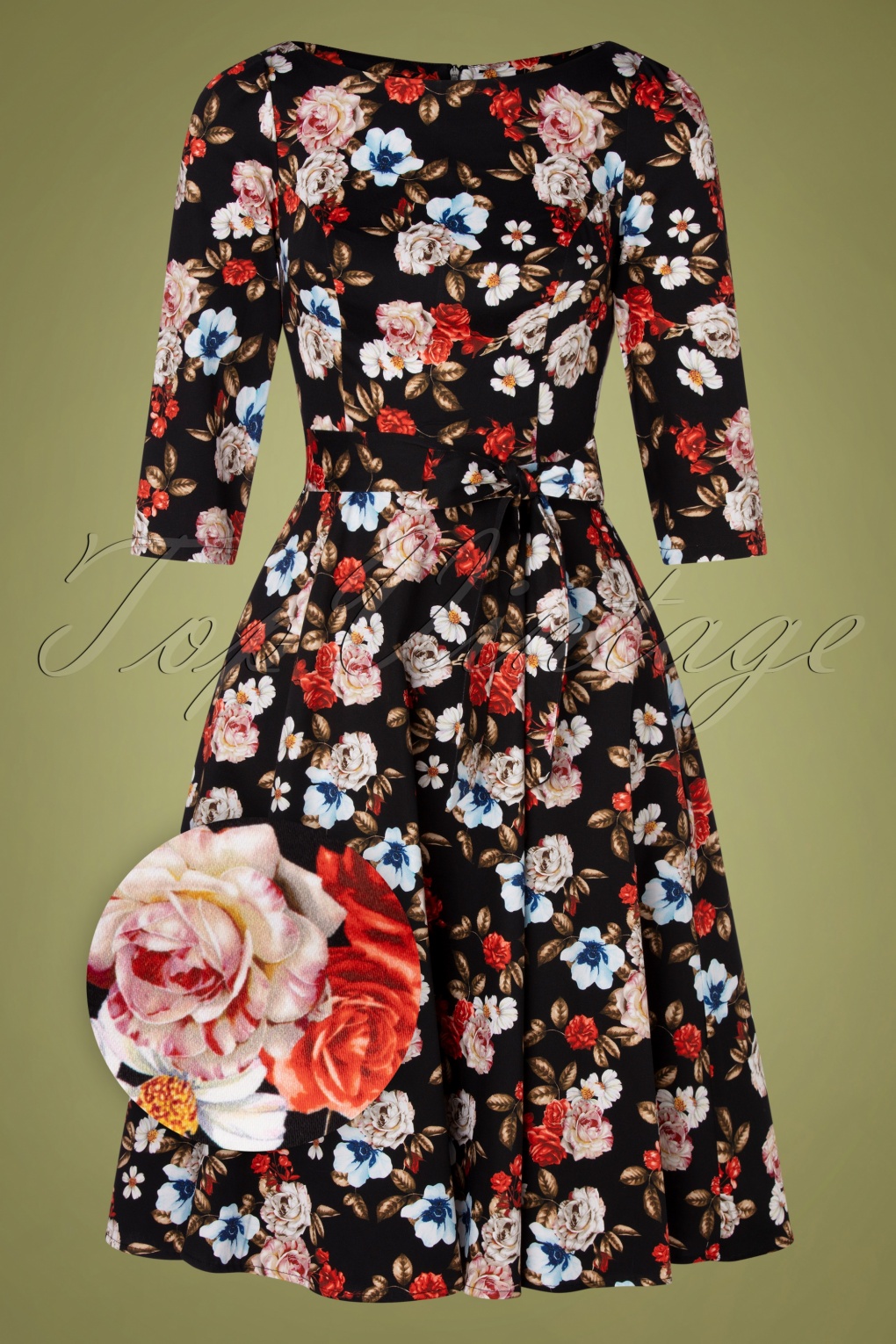 50s Tara Floral Swing Dress in Black