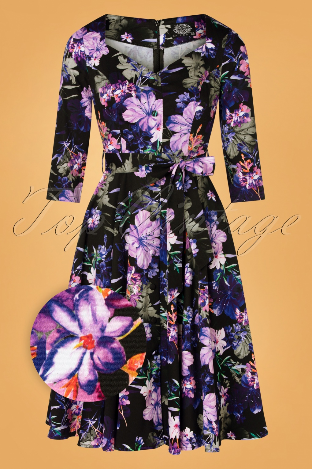 50s Faye Floral Swing Dress in Black and Purple