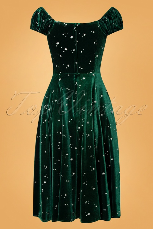 Collectif Clothing - Robe Corolle Motif Étoiles Dolores Glitter Star Années 50 en Velours Vert 2