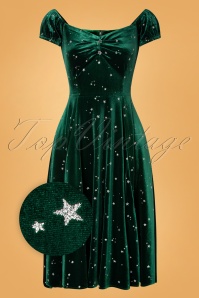 Collectif Clothing - Robe Corolle Motif Étoiles Dolores Glitter Star Années 50 en Velours Vert