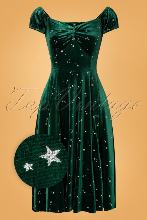 Collectif Clothing - Robe Corolle Motif Étoiles Dolores Glitter Star Années 50 en Velours Vert