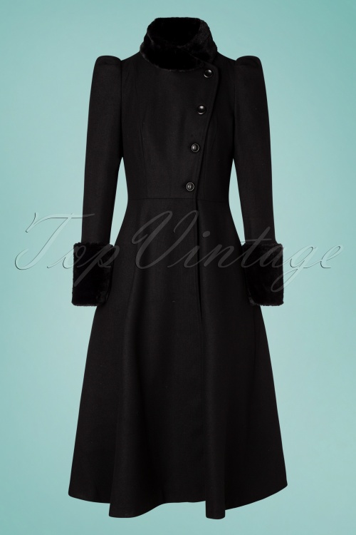Vixen - 40s Violet Fur Trim Dress Coat in Black