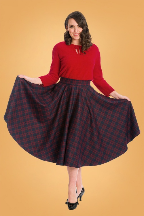 Banned Retro - 50s Adore Her Check Swing Skirt in Navy and Red 2